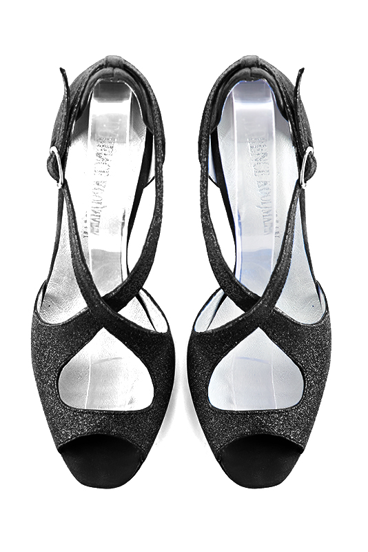 Gloss black women's closed back sandals, with crossed straps. Round toe. Very high slim heel. Top view - Florence KOOIJMAN